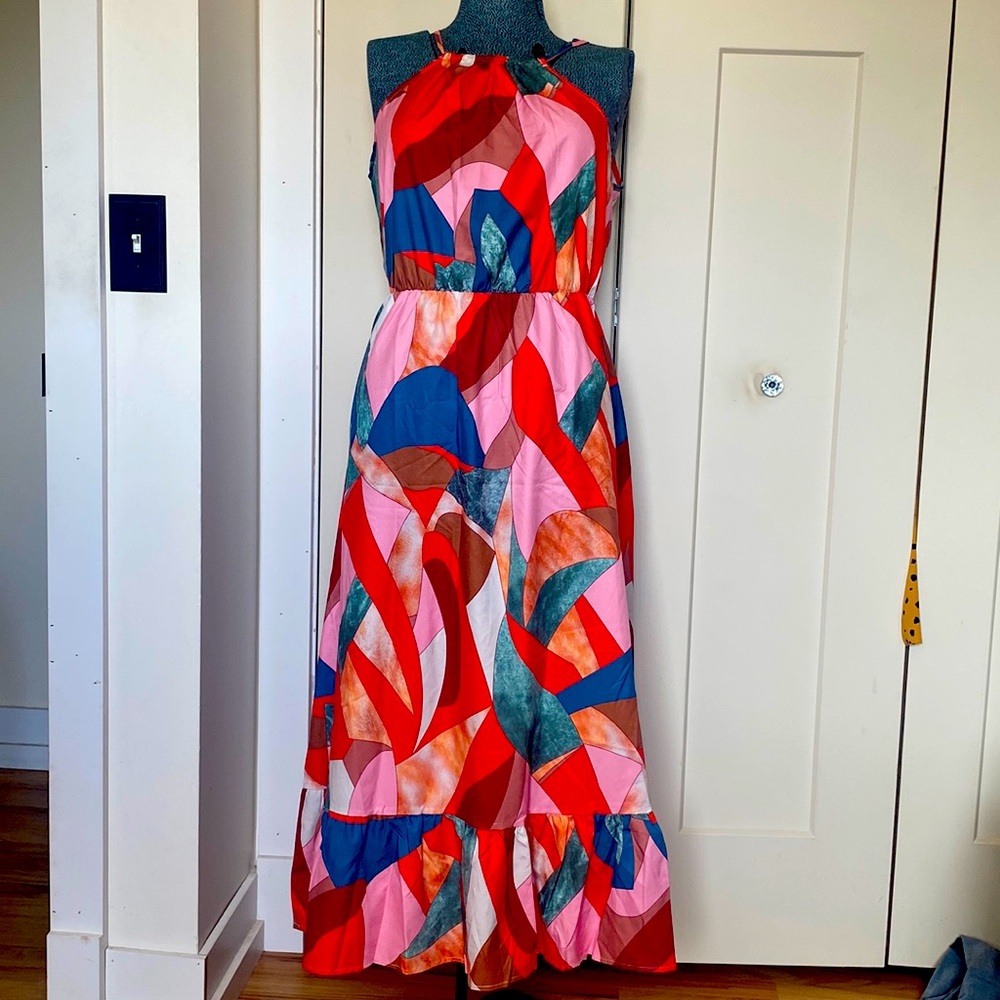 Large long  multicolor geometric summer light weight sleeveless dress.